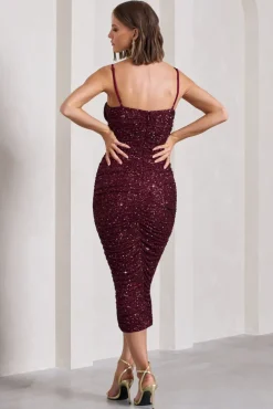 New Energy | Plum Sequin Strappy Ruched Bodycon Midi Dress