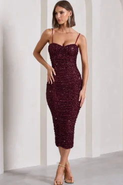 New Energy | Plum Sequin Strappy Ruched Bodycon Midi Dress