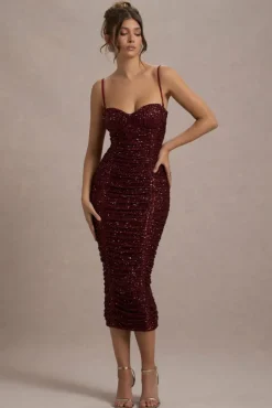 New Energy | Plum Sequin Strappy Ruched Bodycon Midi Dress