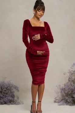 New Life | Berry Velvet Maternity Square Neck Ruched Midi Dress