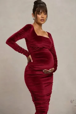 New Life | Berry Velvet Maternity Square Neck Ruched Midi Dress