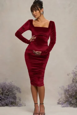 New Life | Berry Velvet Maternity Square Neck Ruched Midi Dress