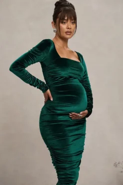New Life | Bottle Green Velvet Maternity Square Neck Ruched Midi Dress