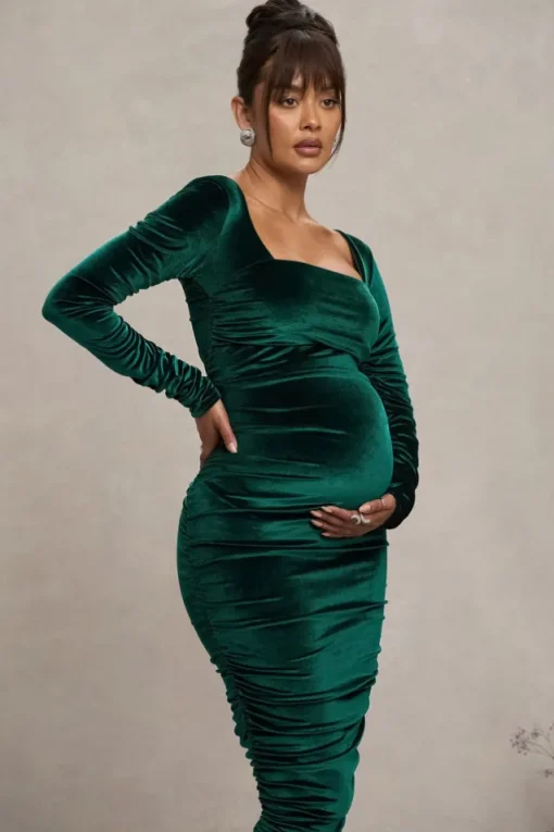 New Life | Bottle Green Velvet Maternity Square Neck Ruched Midi Dress