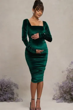 New Life | Bottle Green Velvet Maternity Square Neck Ruched Midi Dress