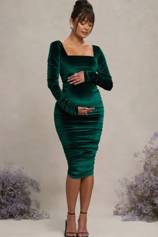 New Life | Bottle Green Velvet Maternity Square Neck Ruched Midi Dress