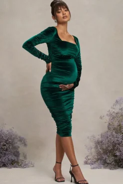 New Life | Bottle Green Velvet Maternity Square Neck Ruched Midi Dress