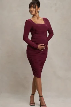 New Life | Burgundy Maternity Square Neck Ruched Midi Dress