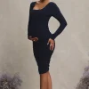 New Life | Navy Maternity Square Neck Ruched Midi Dress