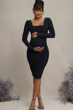 New Life | Navy Maternity Square Neck Ruched Midi Dress