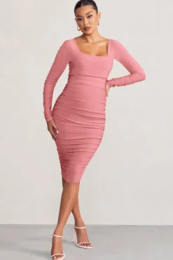 New Life | Pink Maternity Square Neck Ruched Midi Dress