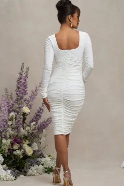 New Life | White Maternity Square Neck Ruched Midi Dress