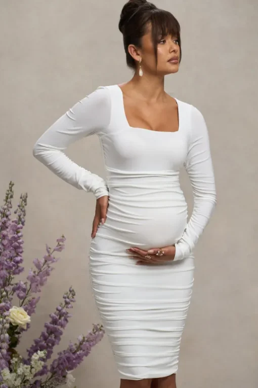 New Life | White Maternity Square Neck Ruched Midi Dress