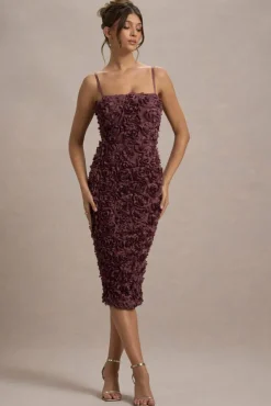 New Love | Dark Mauve Strappy Midi Dress With Mesh Flowers