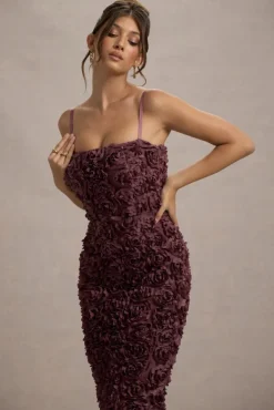 New Love | Dark Mauve Strappy Midi Dress With Mesh Flowers