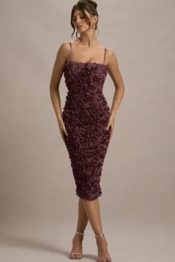 New Love | Dark Mauve Strappy Midi Dress With Mesh Flowers