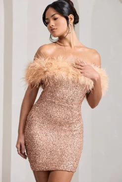 New Money | Gold Bodycon Sequin Mini Dress With Feather Trim