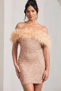 New Money | Gold Bodycon Sequin Mini Dress With Feather Trim