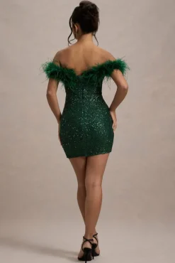 New Money | Green Bodycon Sequin Mini Dress With Feather Trim