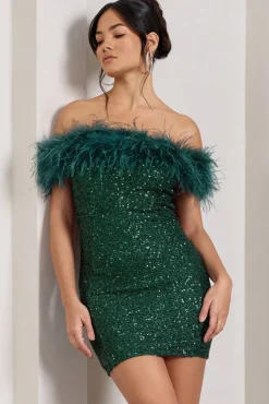 New Money | Green Bodycon Sequin Mini Dress With Feather Trim