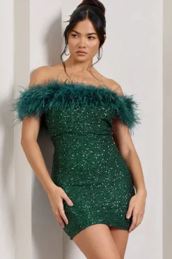 New Money | Green Bodycon Sequin Mini Dress With Feather Trim