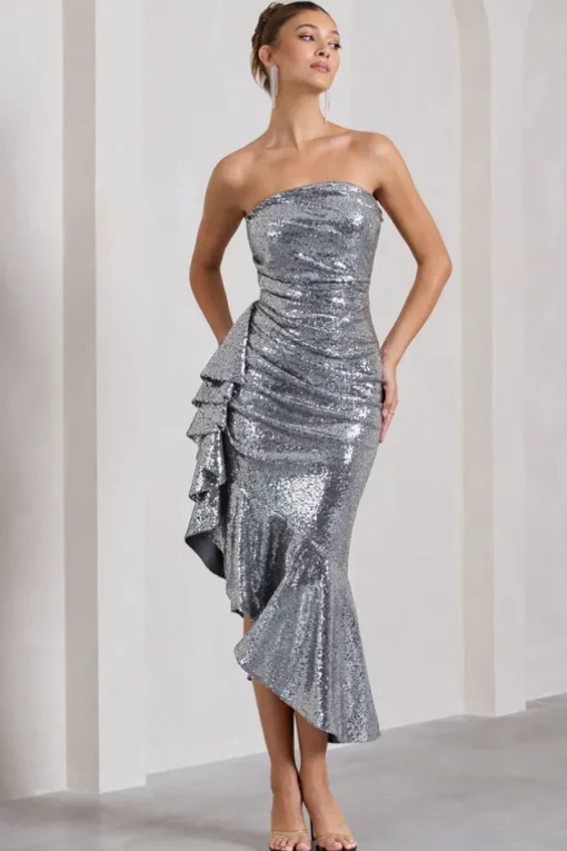 New World | Silver Sequin Strapless Maxi Dress With Ruffles