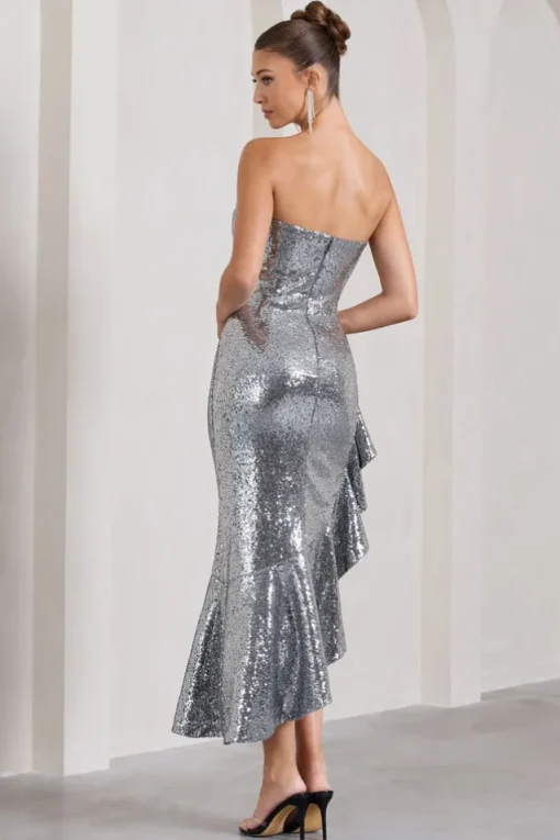 New World | Silver Sequin Strapless Maxi Dress With Ruffles