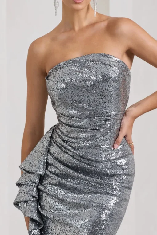 New World | Silver Sequin Strapless Maxi Dress With Ruffles