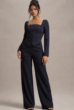 New York | Navy Pinstripe Tailored Wide-Leg Trousers