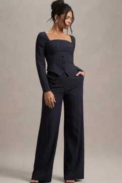 New York | Navy Pinstripe Tailored Wide-Leg Trousers