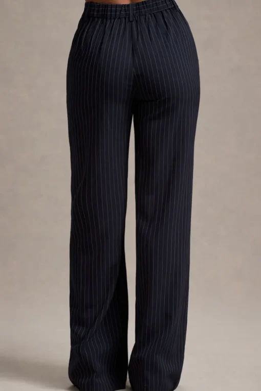 New York | Navy Pinstripe Tailored Wide-Leg Trousers