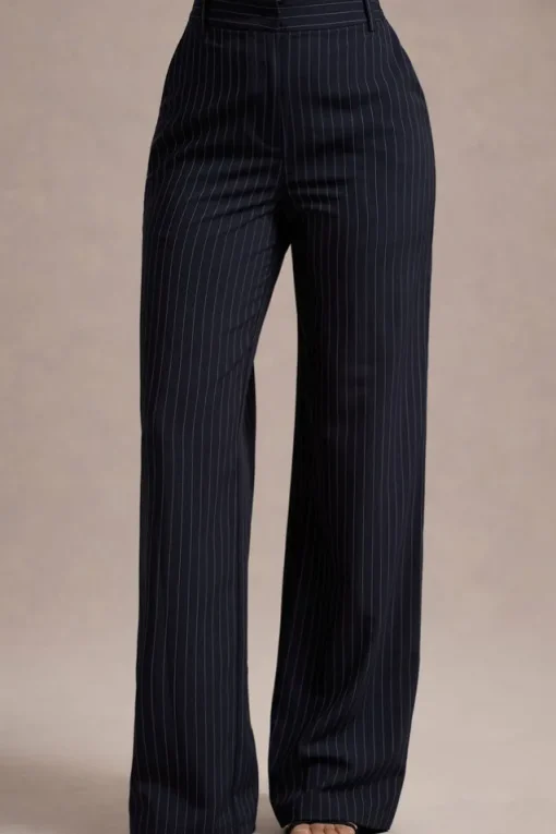 New York | Navy Pinstripe Tailored Wide-Leg Trousers