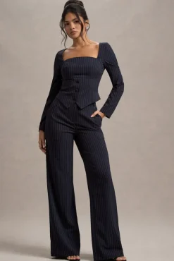 New York | Navy Pinstripe Tailored Wide-Leg Trousers