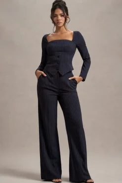 New York | Navy Pinstripe Tailored Wide-Leg Trousers