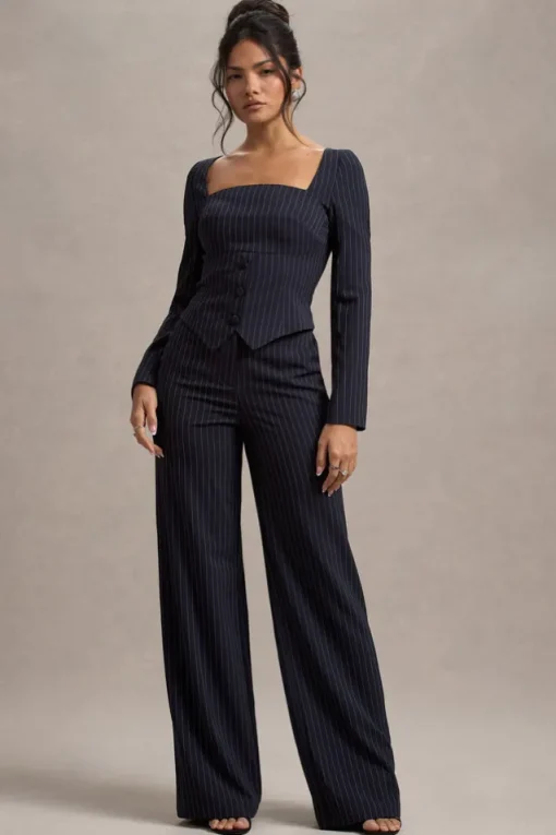 New York | Navy Pinstripe Tailored Wide-Leg Trousers