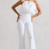 Nicia | White Ruffled Strapless Flared-Leg Jumpsuit