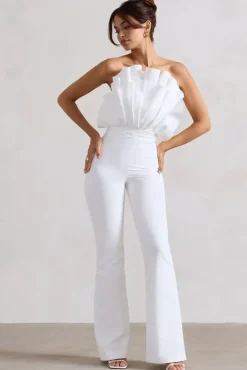 Nicia | White Ruffled Strapless Flared-Leg Jumpsuit