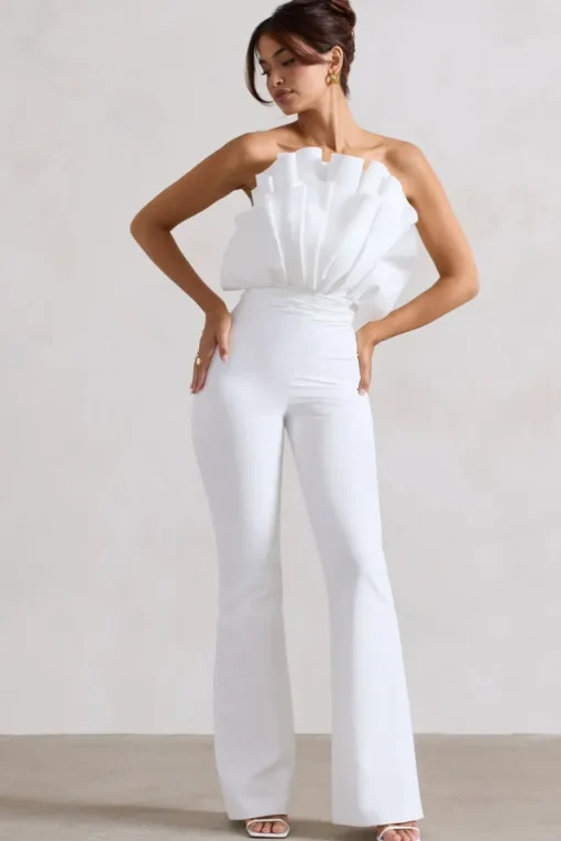 Nicia | White Ruffled Strapless Flared-Leg Jumpsuit