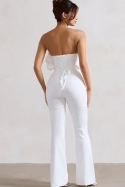 Nicia | White Ruffled Strapless Flared-Leg Jumpsuit