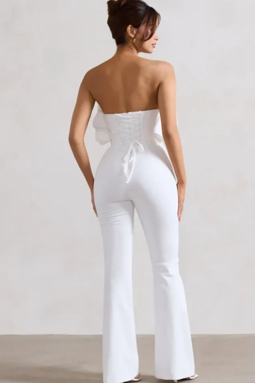 Nicia | White Ruffled Strapless Flared-Leg Jumpsuit