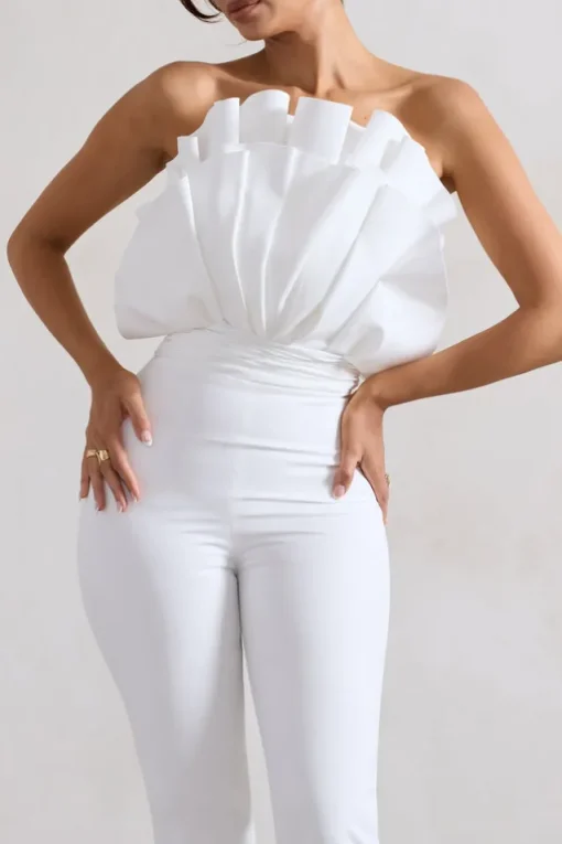 Nicia | White Ruffled Strapless Flared-Leg Jumpsuit