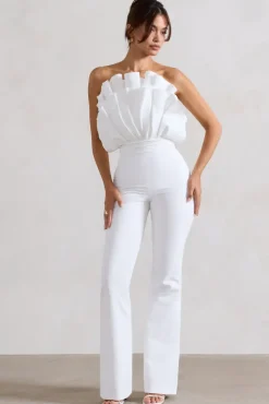 Nicia | White Ruffled Strapless Flared-Leg Jumpsuit