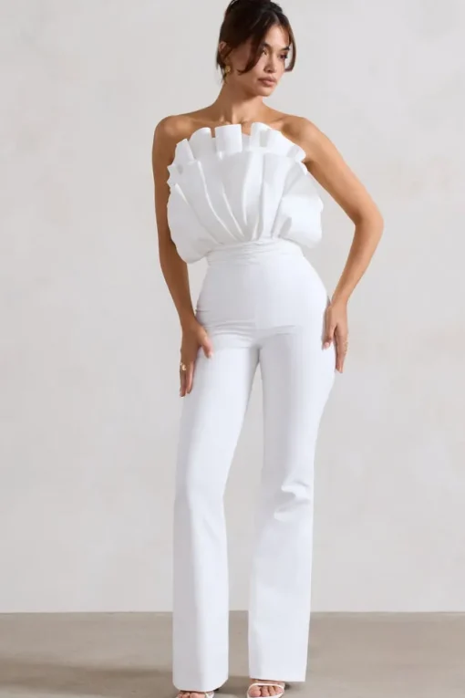 Nicia | White Ruffled Strapless Flared-Leg Jumpsuit