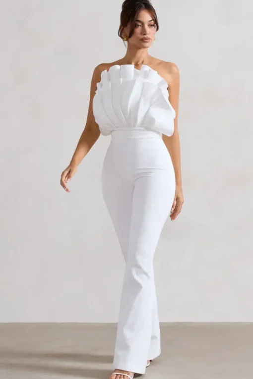 Nicia | White Ruffled Strapless Flared-Leg Jumpsuit