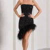 Nicki | Black Sequin Bandeau Midi Dress With Asymmetric Feather Trim