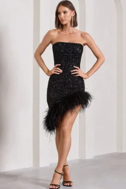 Nicki | Black Sequin Bandeau Midi Dress With Asymmetric Feather Trim