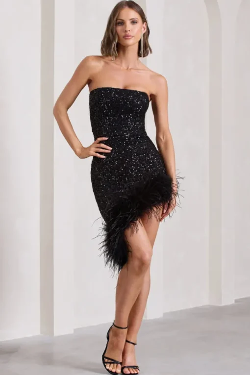 Nicki | Black Sequin Bandeau Midi Dress With Asymmetric Feather Trim