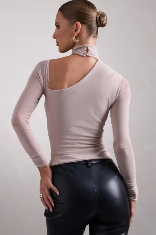 Nicole | Champagne Ruched Mesh Asymmetric Top With Long Sheer Sleeves