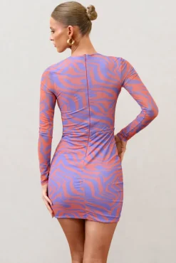 Night Sky | Orange Zebra Print Mesh Long Sleeves Mini Dress