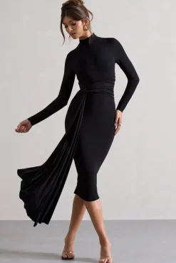 Nikita | Black High-Neck Midi Dress With Drape
